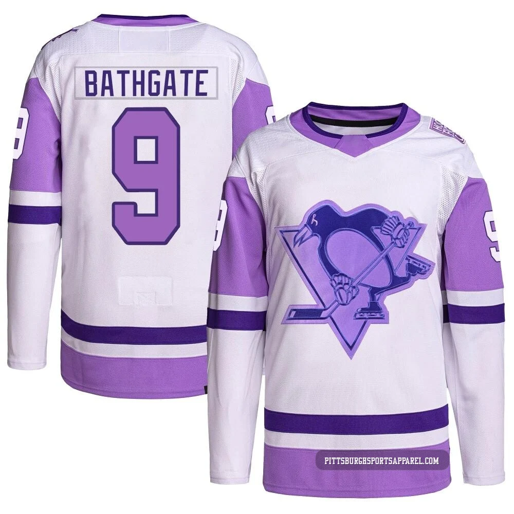 Men's Andy Bathgate ＃9 Authentic White/Purple Pittsburgh Penguins Hockey Fights Cancer Primegreen Jersey