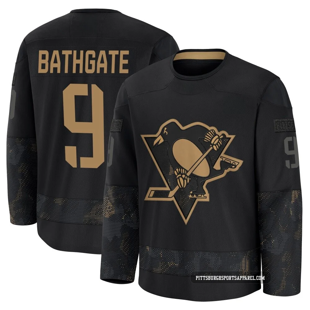 Men's Andy Bathgate ＃9 Black Pittsburgh Penguins 2024 Military Appreciation Practice Premium Jersey