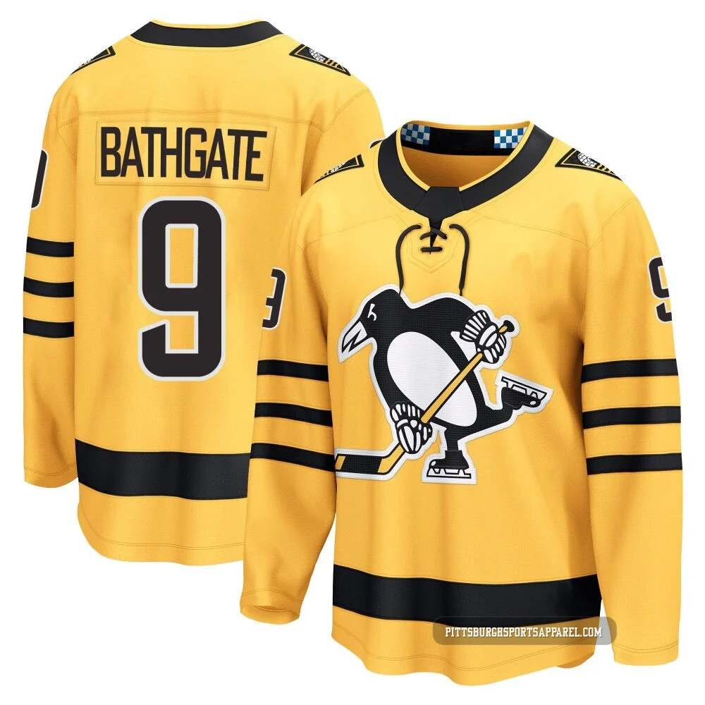 Men's Andy Bathgate ＃9 Gold Pittsburgh Penguins Breakaway Alternate 2025 Jersey