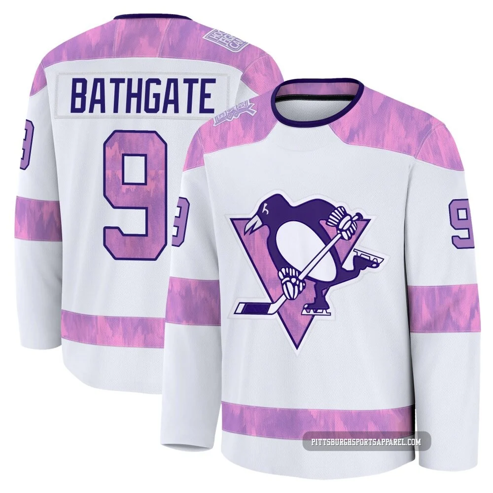 Men's Andy Bathgate ＃9 White Pittsburgh Penguins 2024 Hockey Fights Cancer Practice Premium Jersey