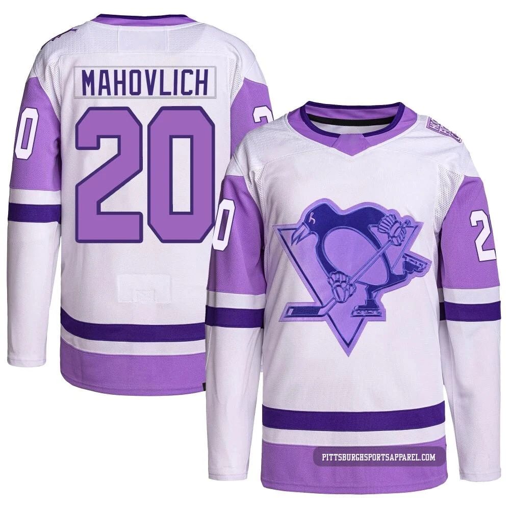 Men's Peter Mahovlich ＃20 Authentic White/Purple Pittsburgh Penguins Hockey Fights Cancer Primegreen Jersey