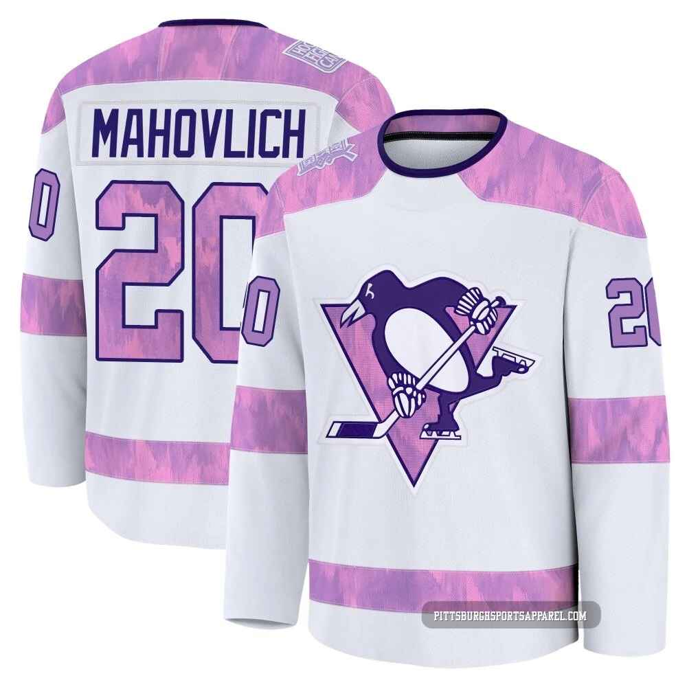 Men's Peter Mahovlich ＃20 White Pittsburgh Penguins 2024 Hockey Fights Cancer Practice Premium Jersey