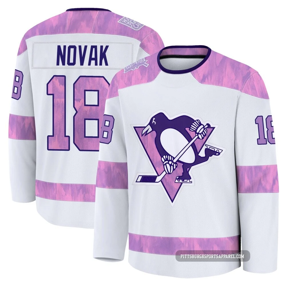 Men's Tommy Novak ＃18 White Pittsburgh Penguins 2024 Hockey Fights Cancer Practice Premium Jersey
