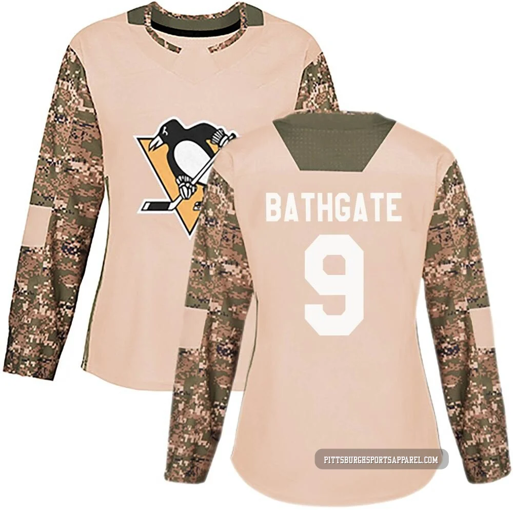 Women's Andy Bathgate ＃9 Authentic Camo Pittsburgh Penguins Veterans Day Practice Jersey