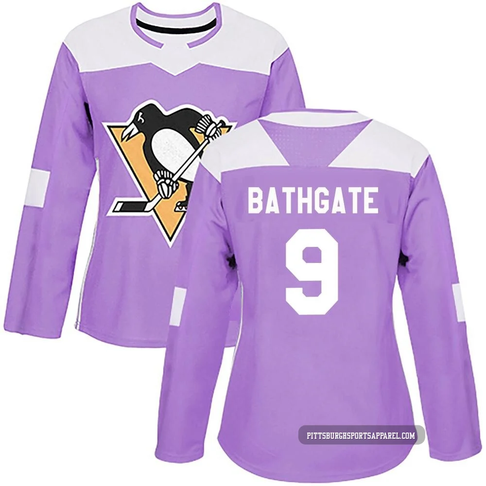 Women's Andy Bathgate ＃9 Authentic Purple Pittsburgh Penguins Fights Cancer Practice Jersey