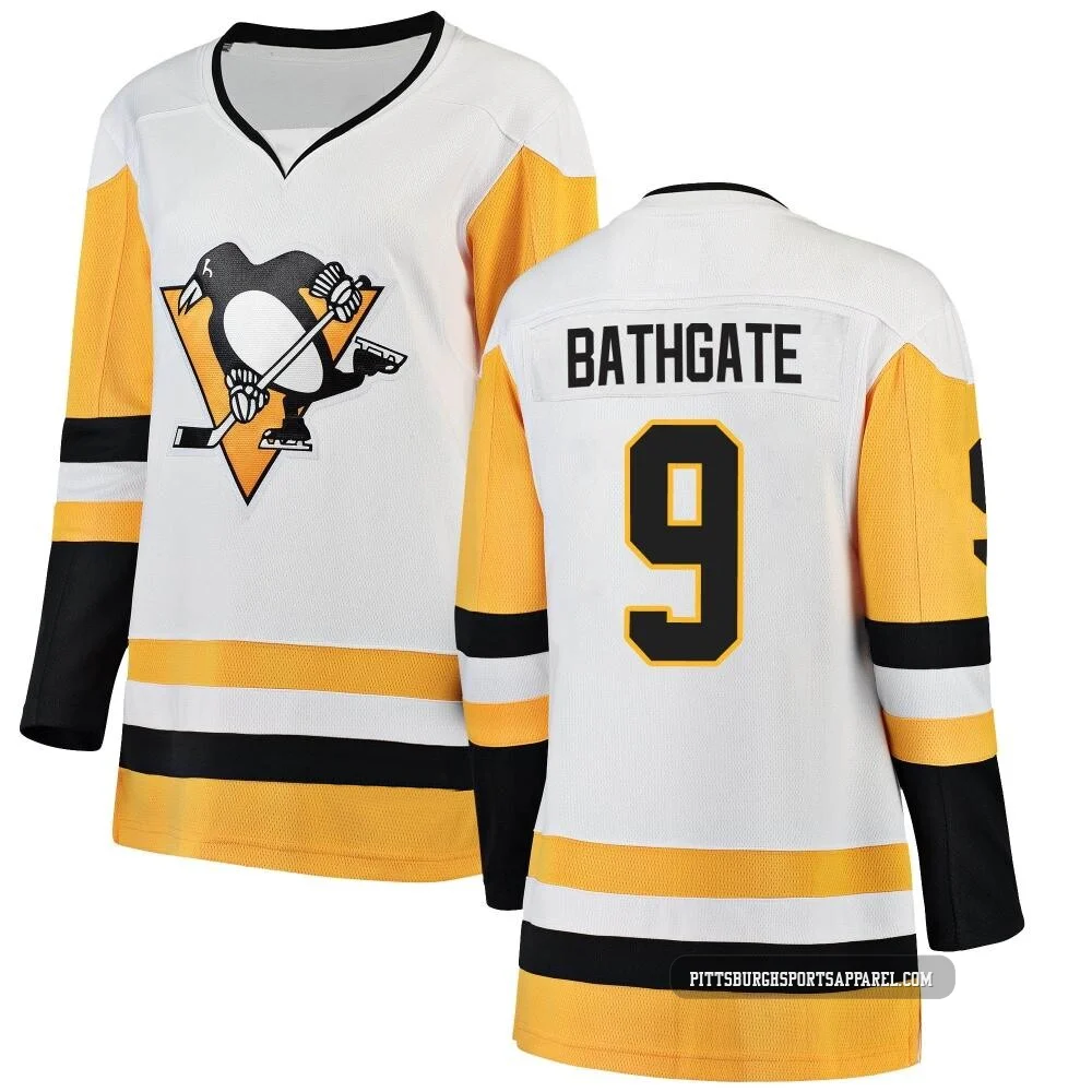 Women's Andy Bathgate ＃9 White Pittsburgh Penguins Breakaway Away Jersey