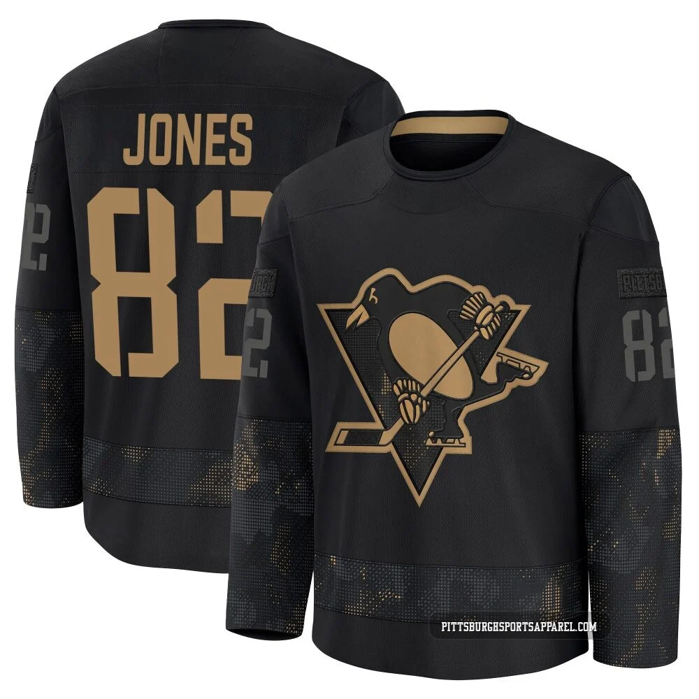 Youth Caleb Jones ＃82 Black Pittsburgh Penguins 2024 Military Appreciation Practice Premium Jersey