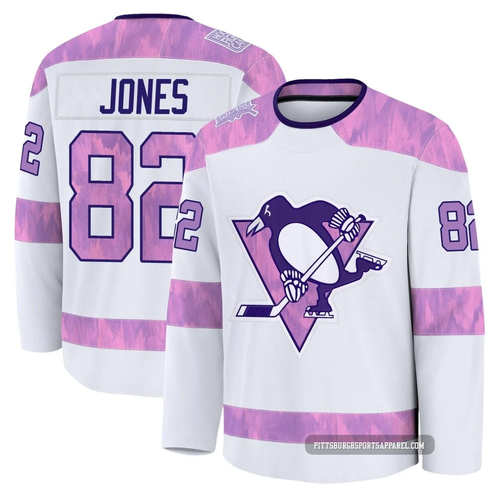 Youth Caleb Jones ＃82 White Pittsburgh Penguins 2024 Hockey Fights Cancer Practice Premium Jersey