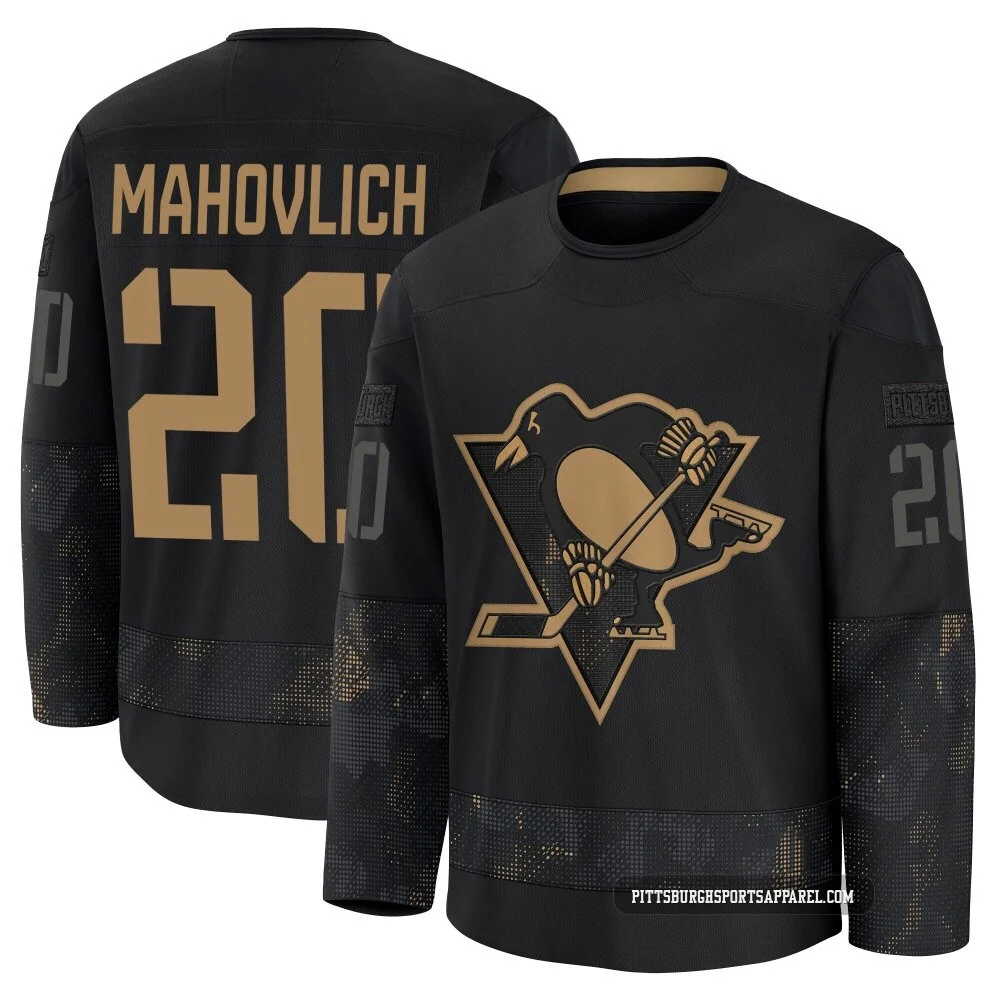 Youth Peter Mahovlich ＃20 Black Pittsburgh Penguins 2024 Military Appreciation Practice Premium Jersey