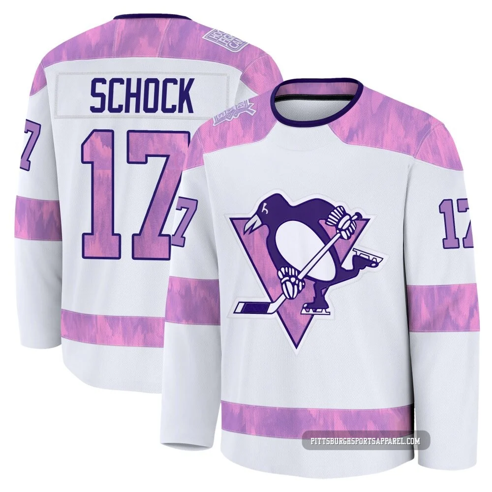 Youth Ron Schock ＃17 White Pittsburgh Penguins 2024 Hockey Fights Cancer Practice Premium Jersey